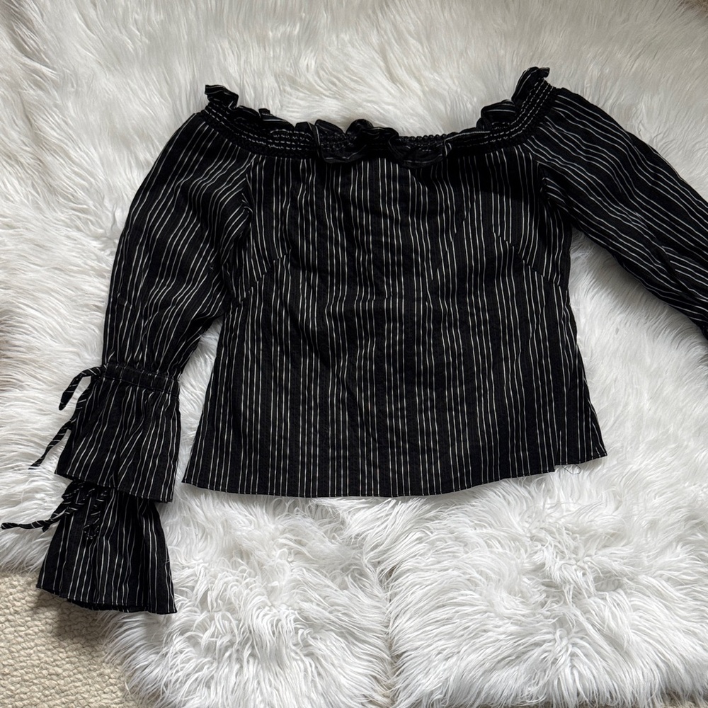 INTERMIX Black Pinstripe Off-Shoulder Ruffle Sleeve Top
